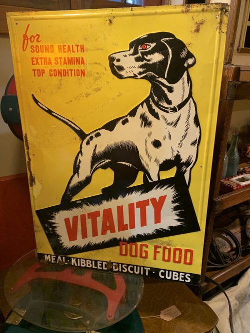 Pointer Dog Food Sign Metal Embossed 1940's- 50's .